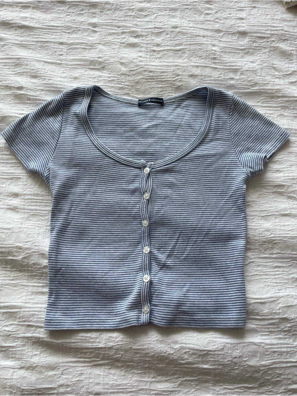 Brandy Melville Striped Cream and Blue Short Sleeve Zelly Top Tee Shirt